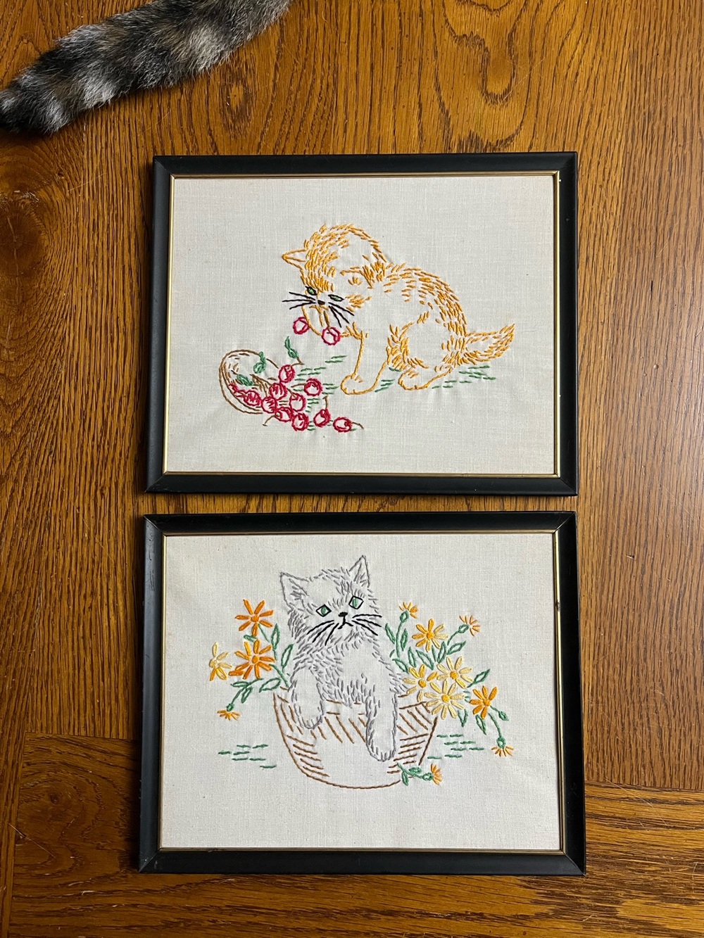 Pair vintage framed cat cross stitch embroidered art